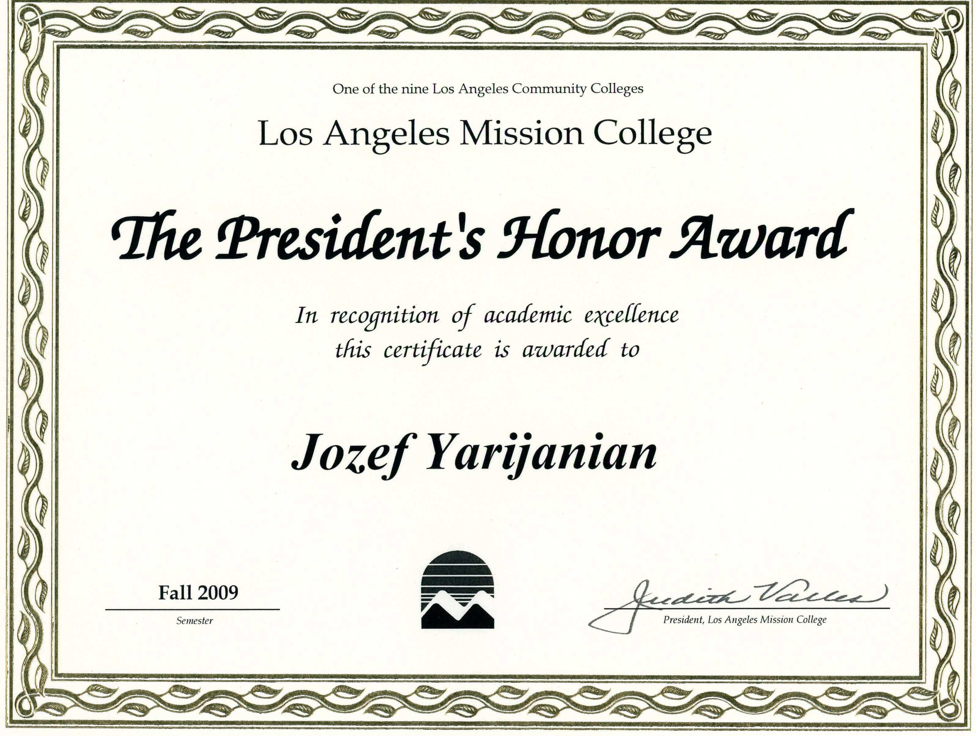 Jozef Yarijanian Catering | President's Honor Award