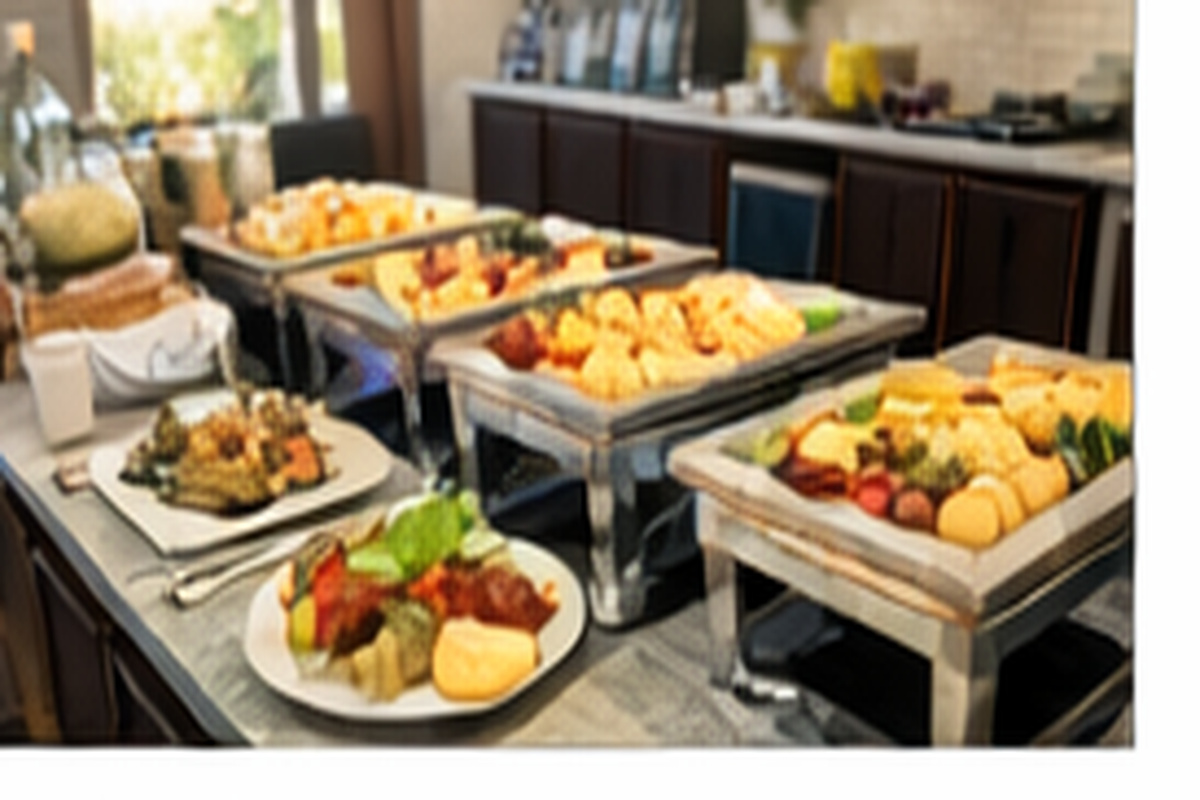 Corporate breakfast buffet catering in a Burbank conference room with hot items, pastries, fresh fruit, and juice.